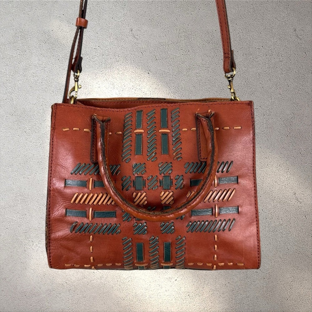 Patricia‎ Nash Woven Plaid Mozia Satchel Brown Top Handle Bag Detachable Strap